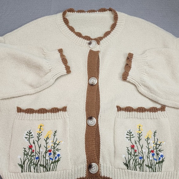 ROMWE Sweaters - Romwe Cardigan Sweater Cream Brown Floral Embroidered Scalloped Womens XS US 2